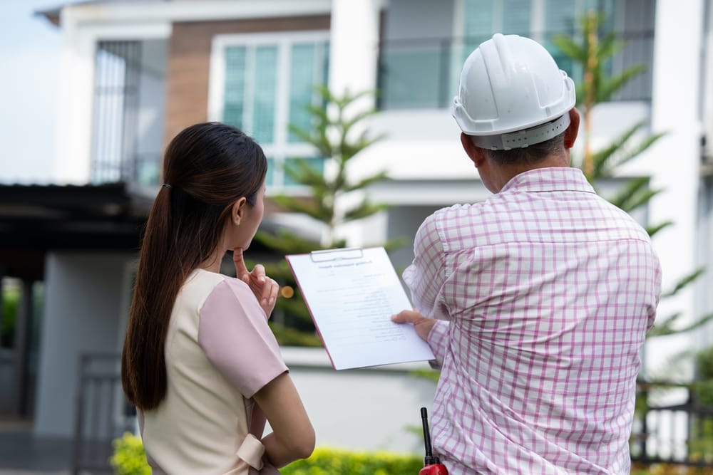 Senior,home,inspector,explains,inspection,results,with,homeowner,,handyman,holding