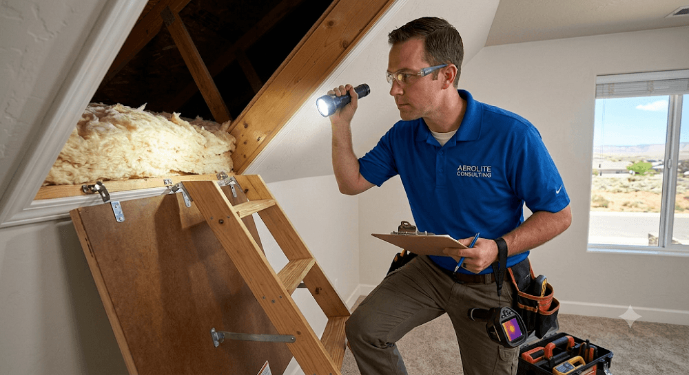 An Aerolite Consulting inspector, wearing a branded polo shirt, clipboard, and tool belt, examines an attic access point with a flashlight. He is looking for potential mold, asbestos, and insulation issues in a residential property